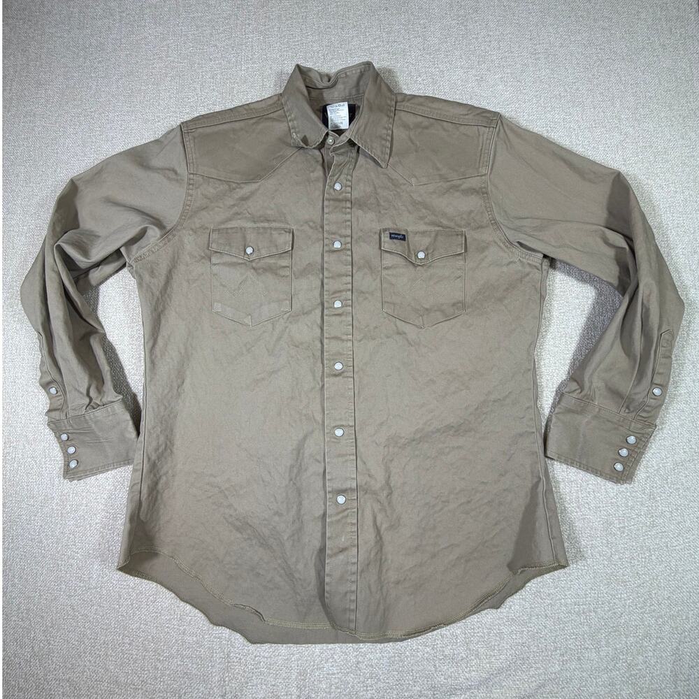 Wrangler Men Large Tan Pearl Snap Front Long Sleeve Western Work Wear Shirt